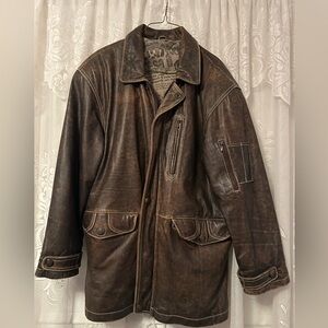 Vintage 1990s Men’s Distressed Leather Jacket Moto Biker Graphic Lining M